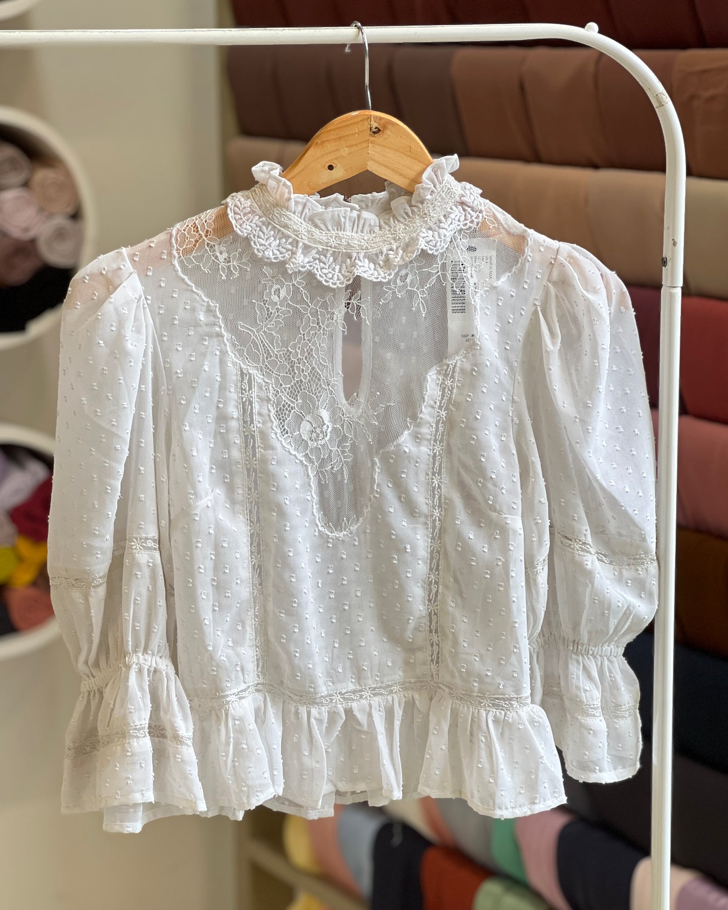 Tela by ash women white ruffle-neck lace blouse