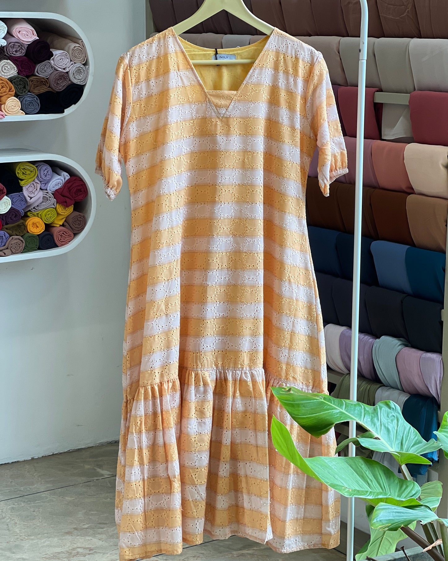 Tela by ash women yellow & white striped tiered midi dress