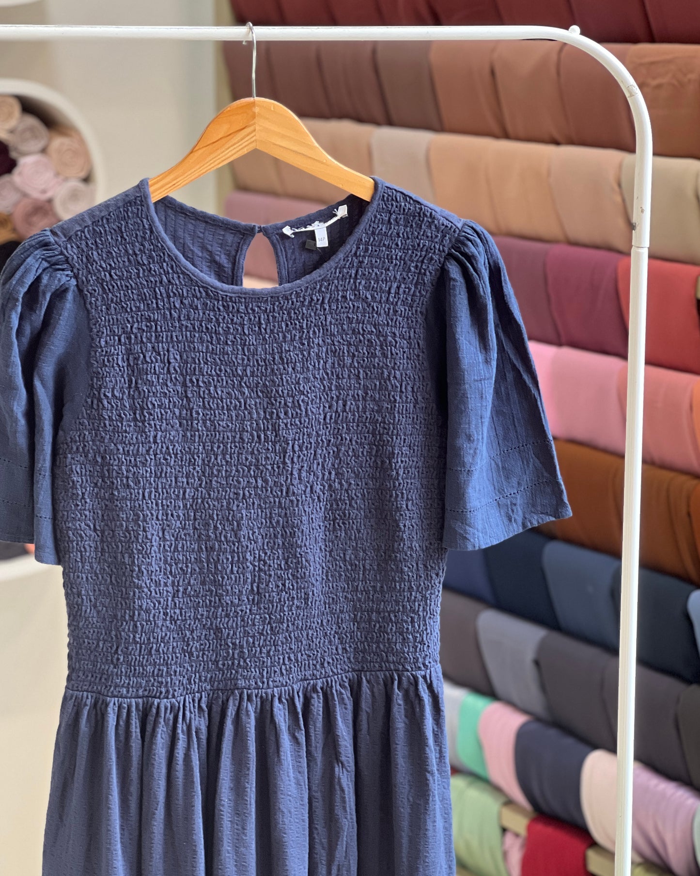 Tela by ash women navy blue smocked midi dress with puff sleeves