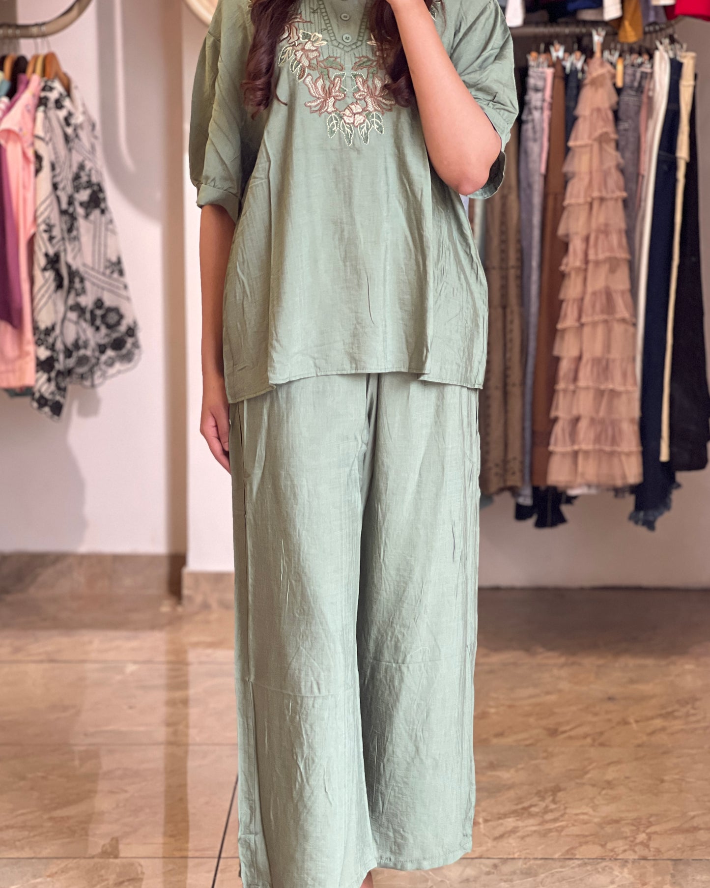 Tela by ash women saga green casual co-ord set