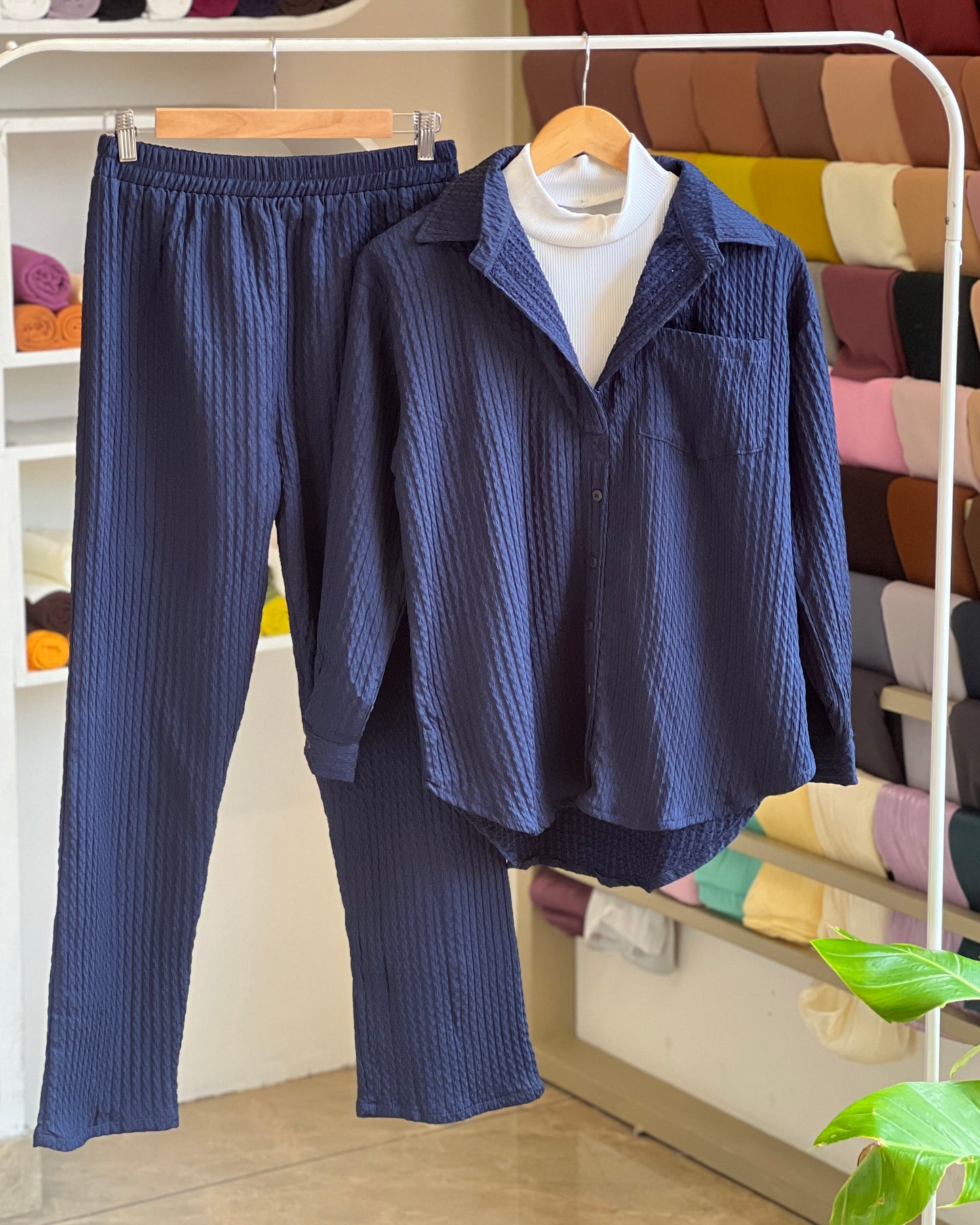 Casual ribbed navy blue co-ord set
