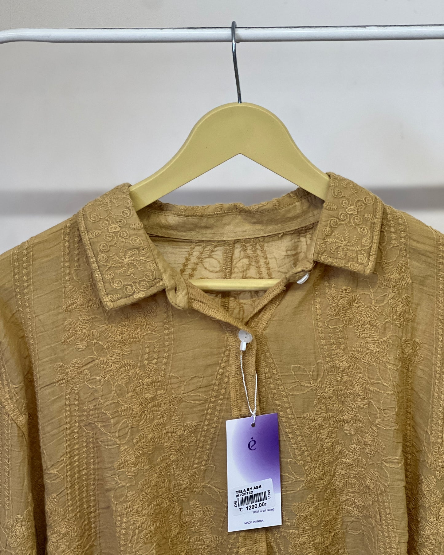 Tela by ash women mustard brown cutwork embroidery shirt