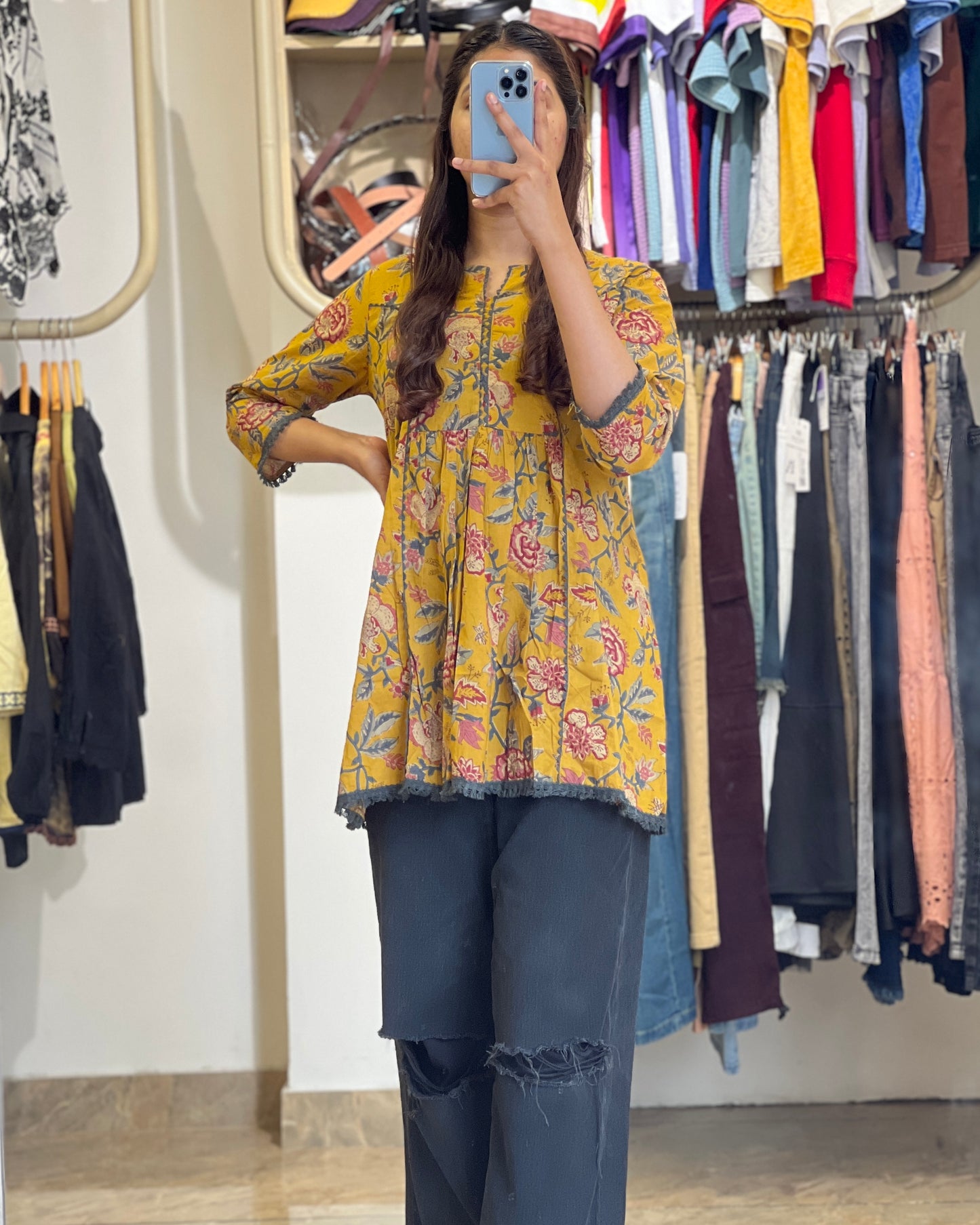 Women short yellow printed Kurti