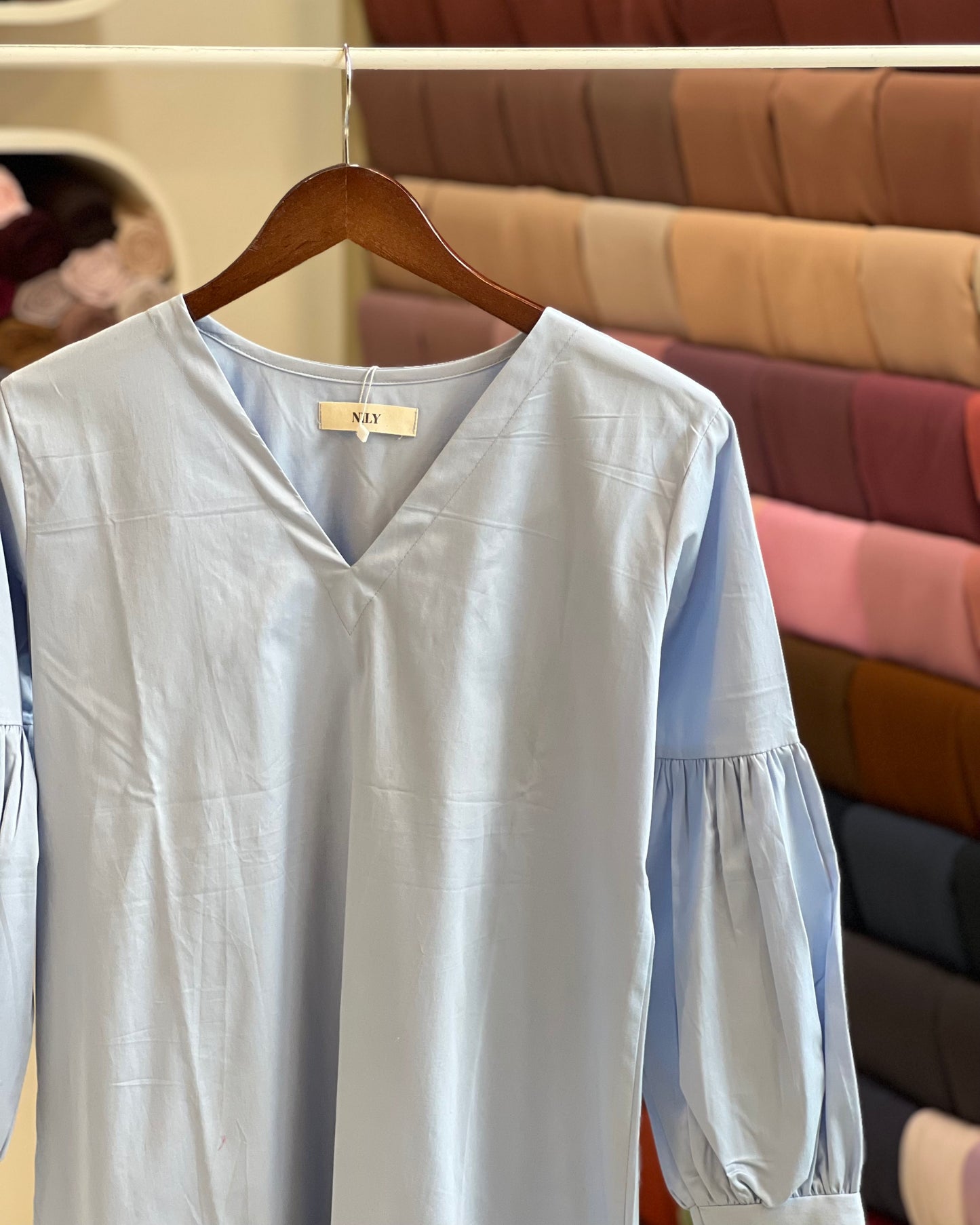 Tela by ash women light blue V-neck balloon sleeve tunic top