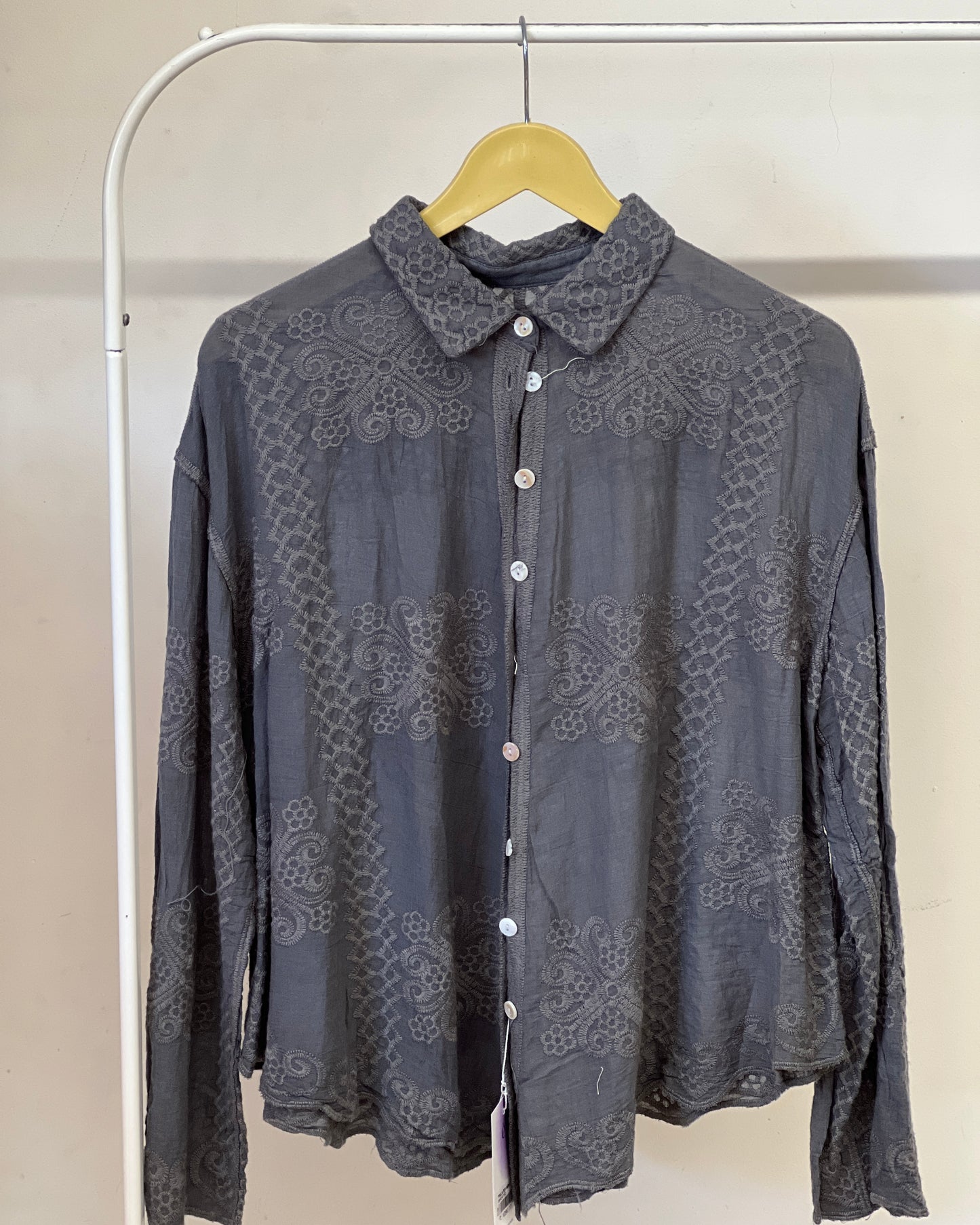 Tela by ash women dark grey cutwork embroidery shirt