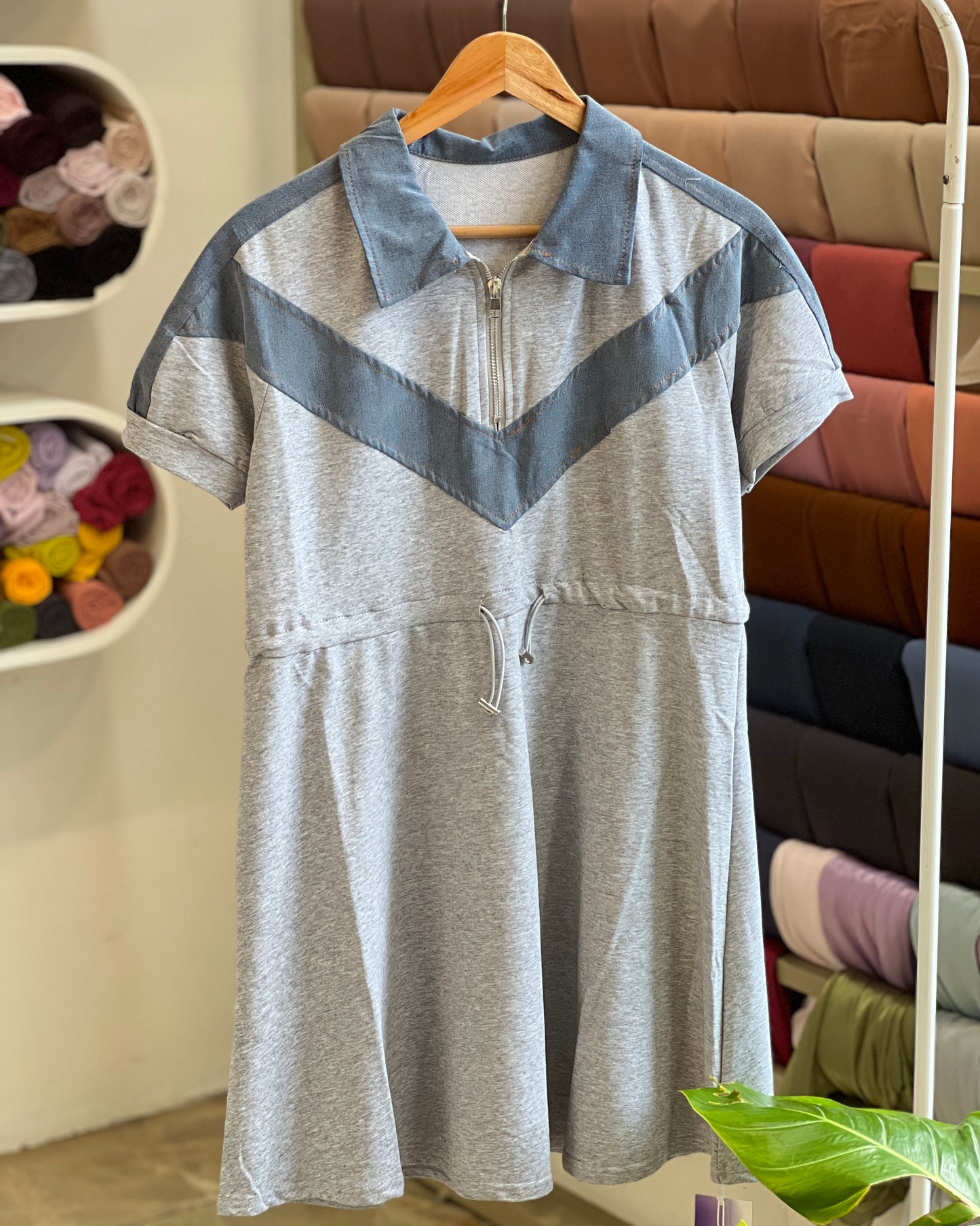 Tela by ash women grey half-zip drawstring waist dress