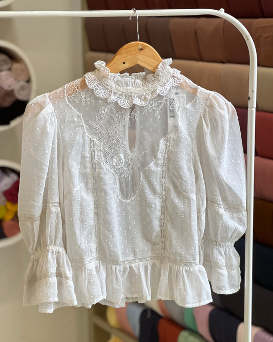 Tela by ash women white ruffle-neck lace blouse