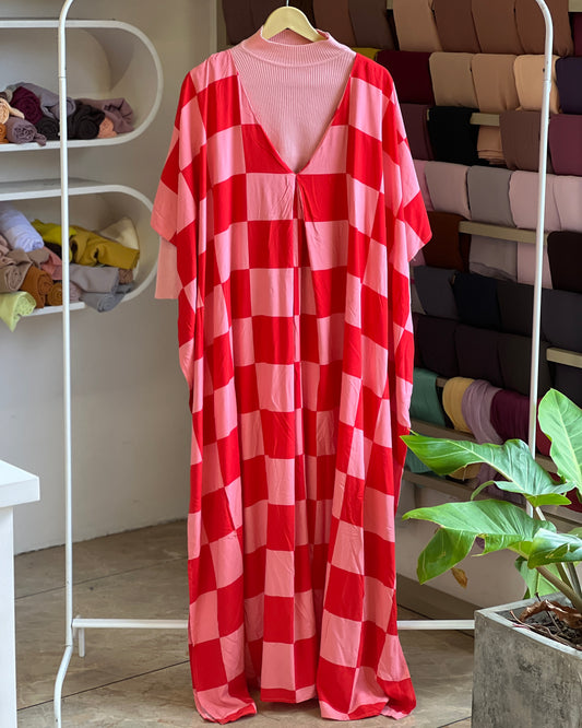 Checkerboard print kaftan maxi dress