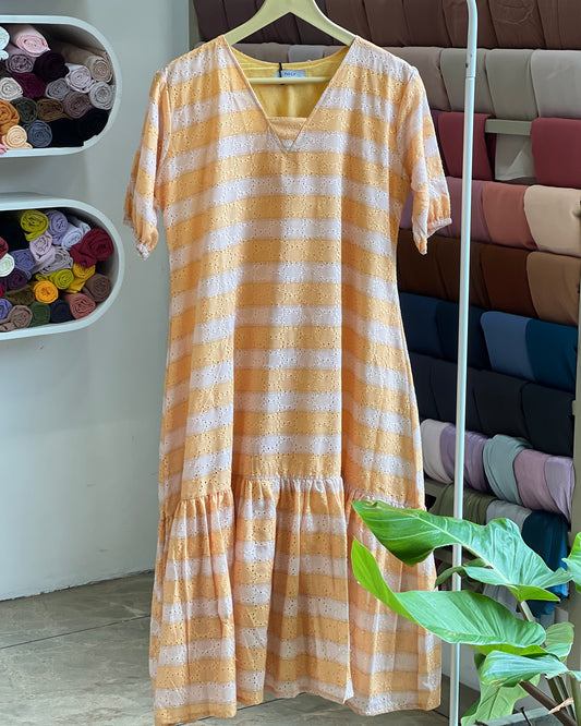Tela by ash women yellow & white striped tiered midi dress