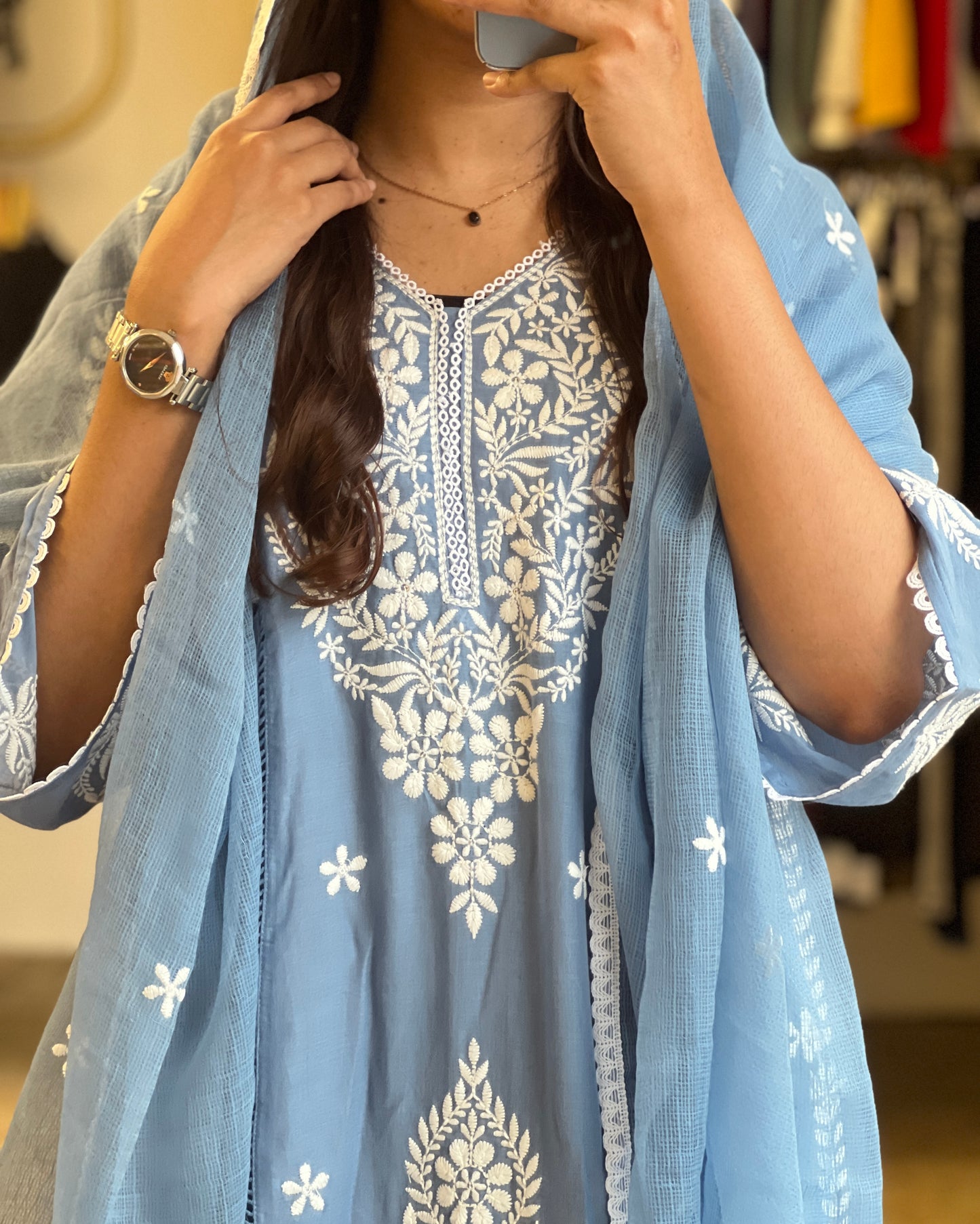 Women blue chikankari set