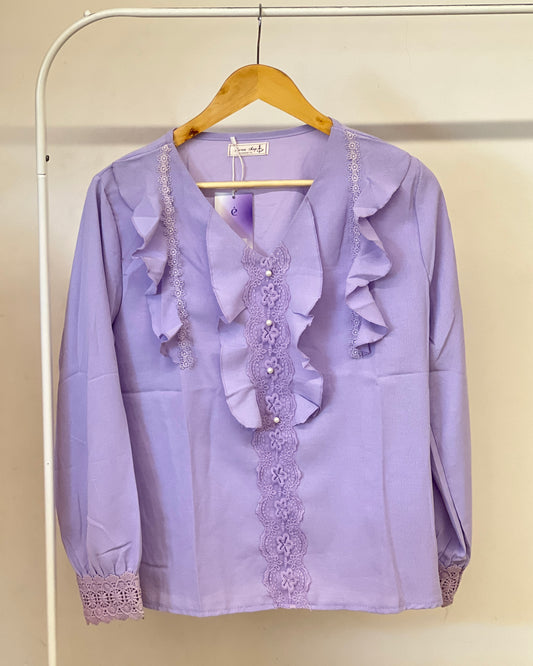 Tela by ash women lavender ruffle edge collar top