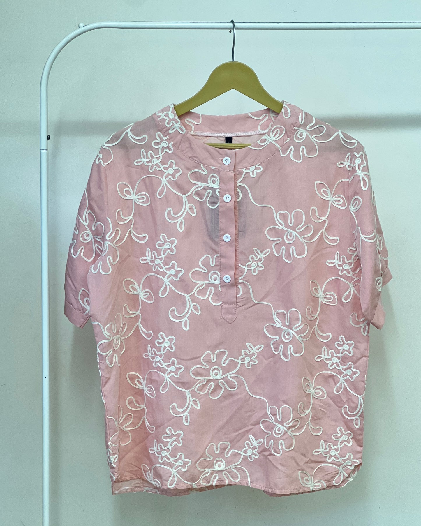 Tela by ash women pink short-sleeved top with white embroidery