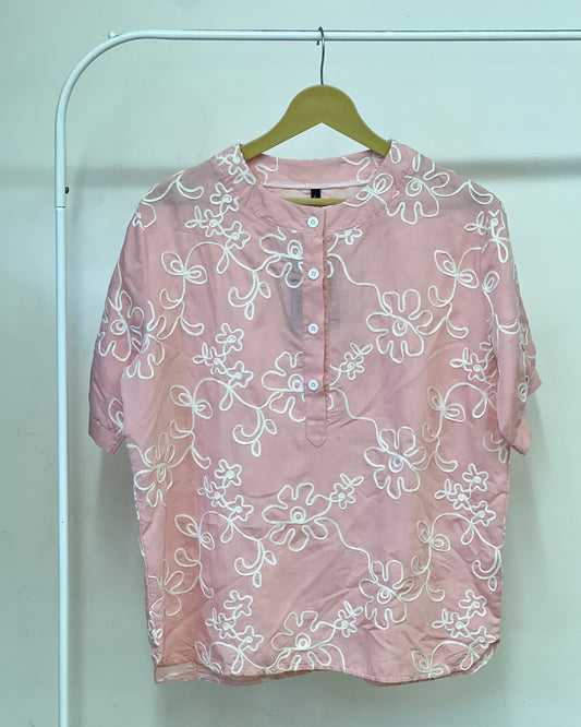 Tela by ash women pink short-sleeved top with white embroidery