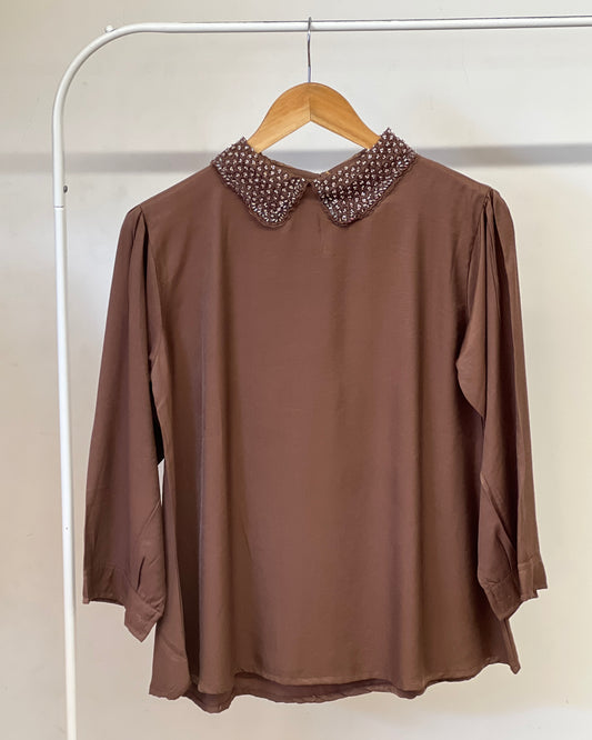 Tela by ash women brown colour beads Peter Pan collar top