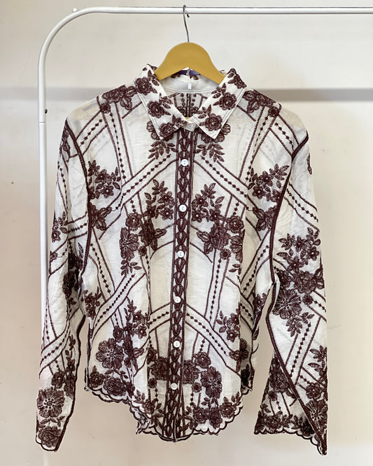 Tela by ash women white shirt with brown embroidery shirt