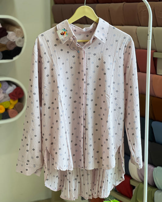 Tela by ash women pink polka dot button-up blouse with pleated hem