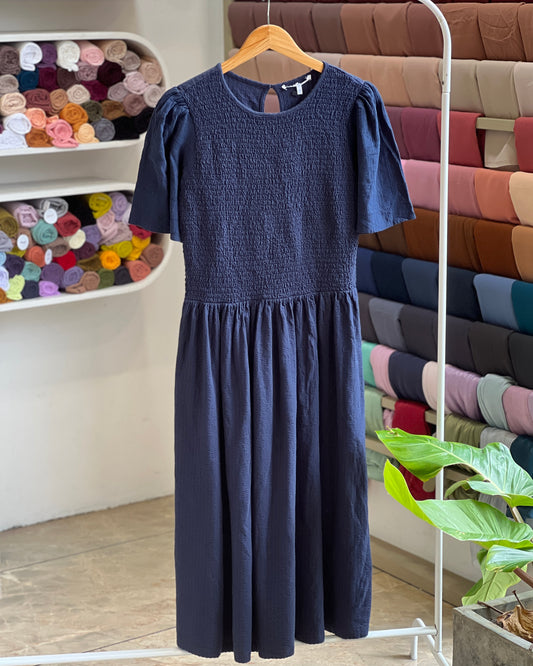 Tela by ash women navy blue smocked midi dress with puff sleeves