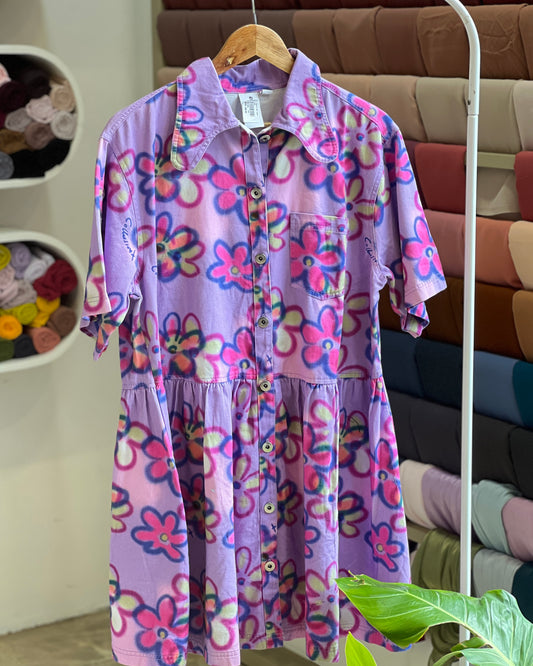 Tela by ash women purple collusion floral twill button down summer smock dress