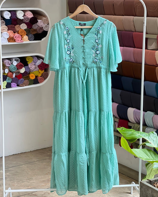 Tela by ash women light blue tier maxi dress with embroidery
