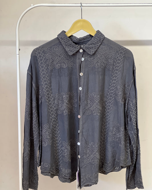 Tela by ash women dark grey cutwork embroidery shirt
