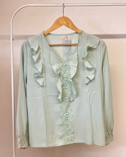 Tela by ash women muted green ruffle edge collar top